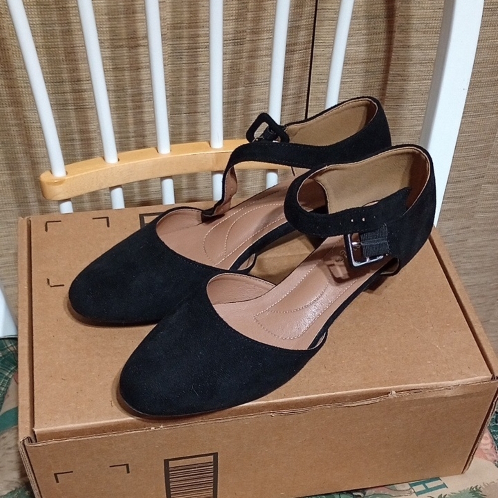 Enelauge Women's Ankle Strap Low Chunky Heel  Pumps Size 9